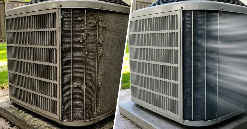 before and after AC repair near me showing restored outdoor condenser operation