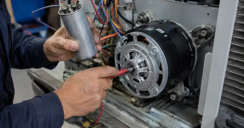 capacitor and motor inspection during air conditioning repair