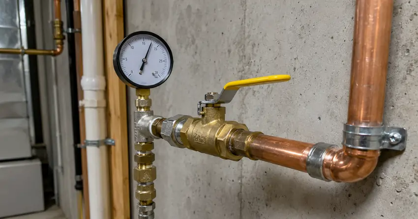completed gas line installation with shut-off valve and pressure test