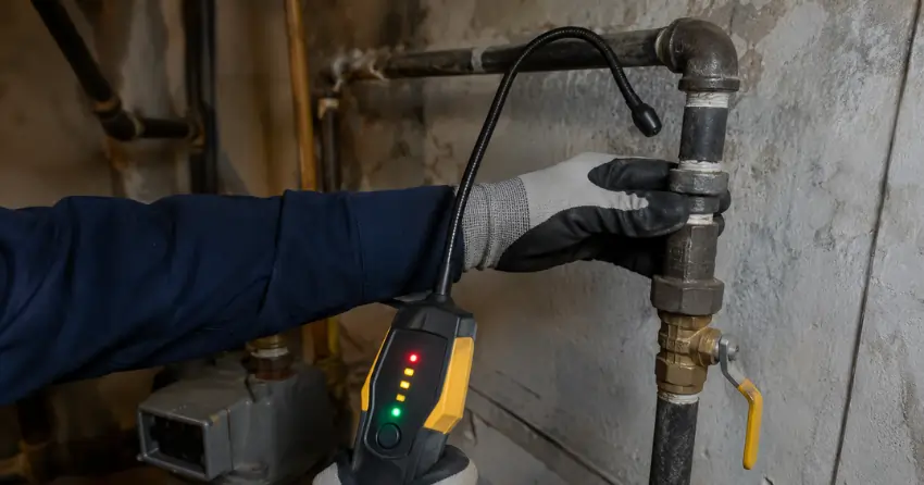 electronic gas leak detection being performed on residential gas pipe