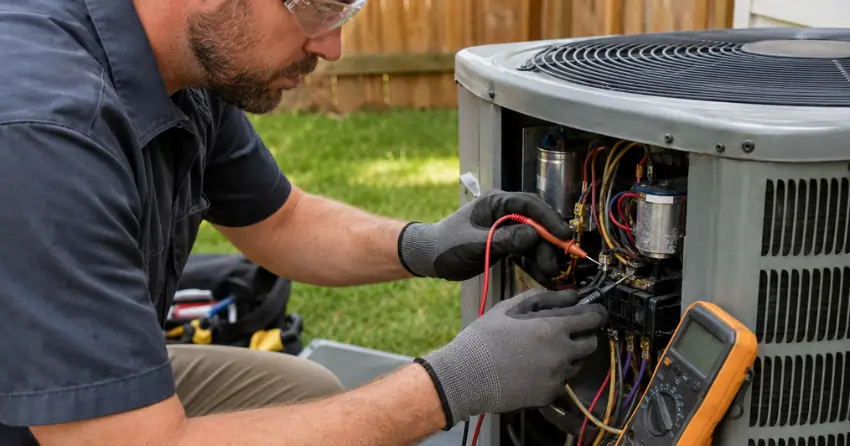 HVAC repair technician testing air conditioner components