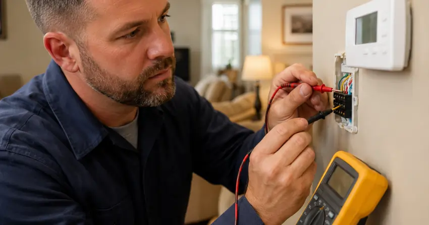 HVAC service near me technician checking thermostat wiring