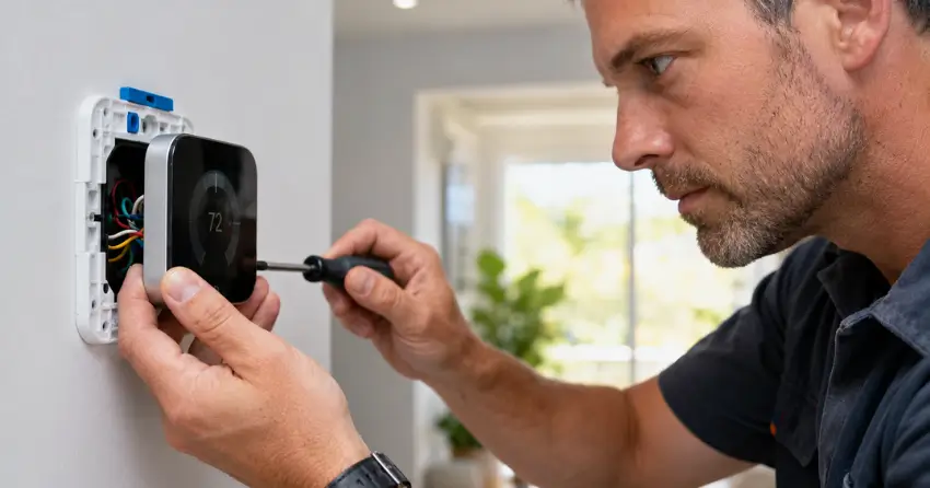 smart thermostat installation complete with display showing correct temperature