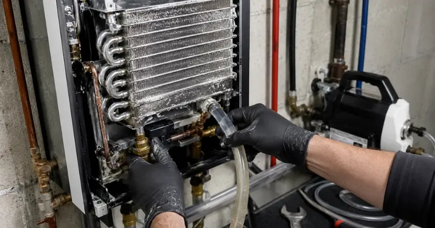 tankless water heater heat exchanger descale maintenance process