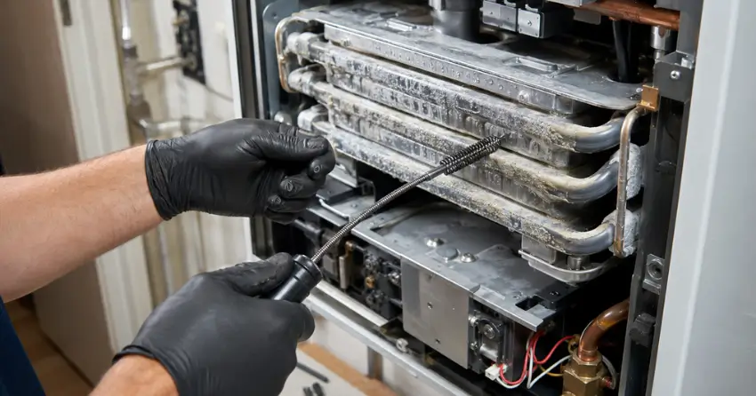 heat exchanger descaling during tankless hot water heater repair