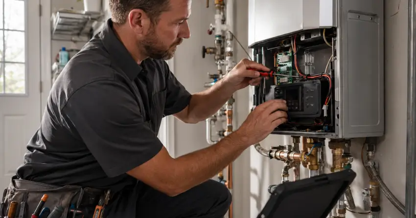 Ontario Gas Services technician diagnosing tankless repair in Edmonton