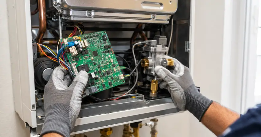 tankless water heater repair component inspection process close-up
