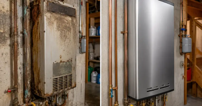 before and after tankless water heater repair service in Edmonton