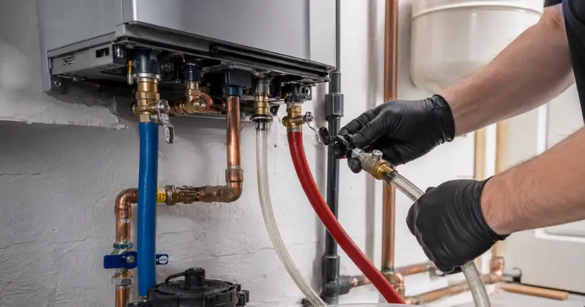 tankless water heater service descaling flush process close-up
