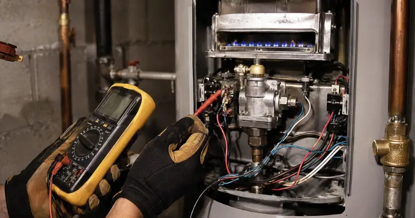 gas water heater repair diagnostic process close-up