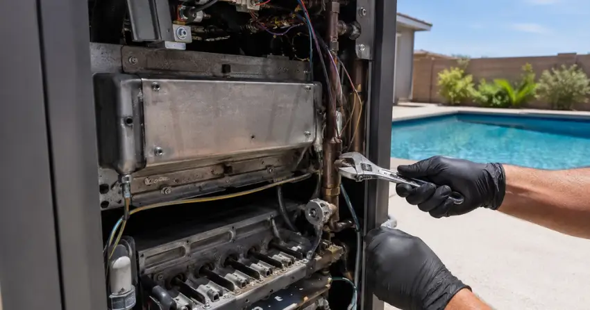 gas pool heater component repair close-up