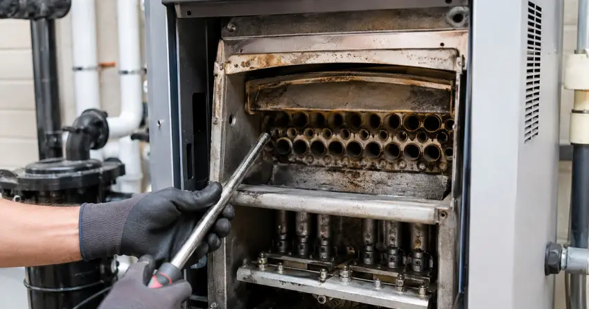 gas pool heater service near me heat exchanger inspection close-up