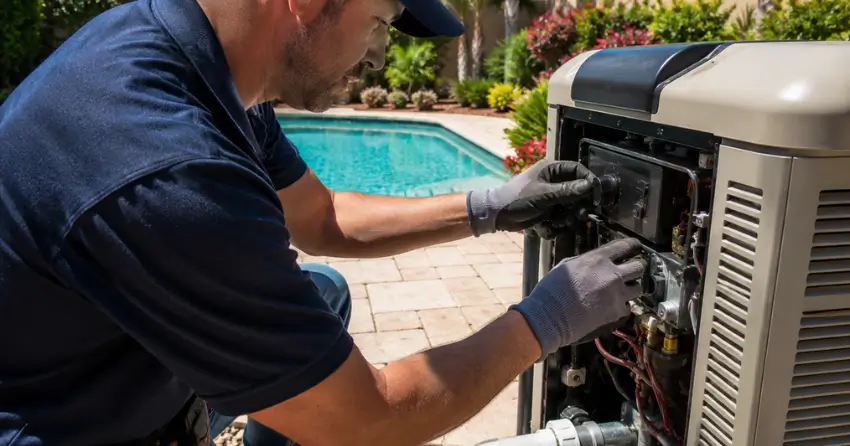 gas pool heater technician performing spring startup service in Edmonton