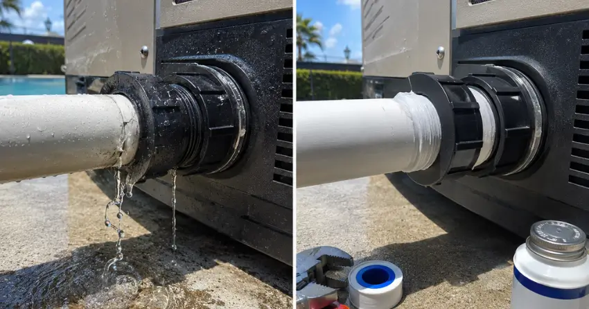 before and after pool heater leaking water repair Edmonton