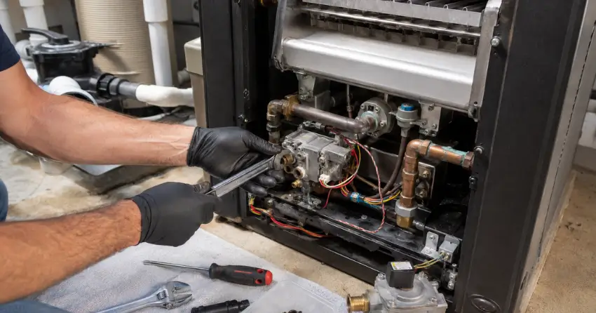 pool heater repair service components including gas valve and heat exchanger