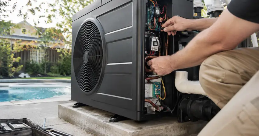 heat pump pool heater repair near me outdoor unit inspection