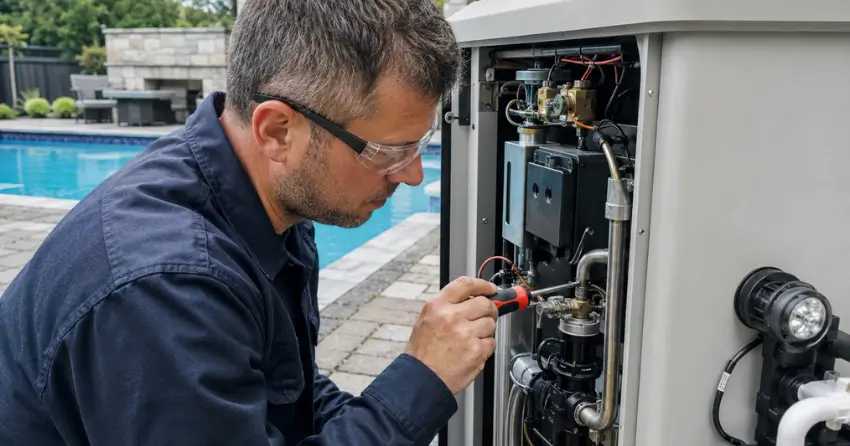 licensed gas technician performing pool heater repairs Ontario