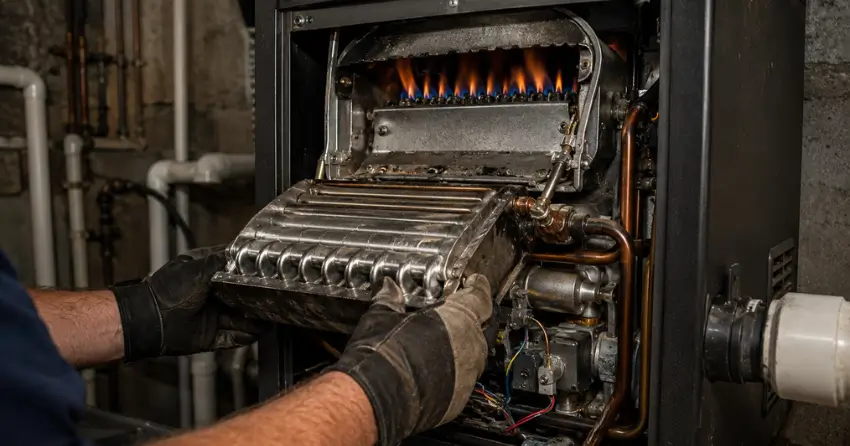 pool heater burner and heat exchanger close-up inspection
