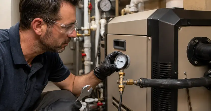 pool heater technician testing gas pressure in Edmonton