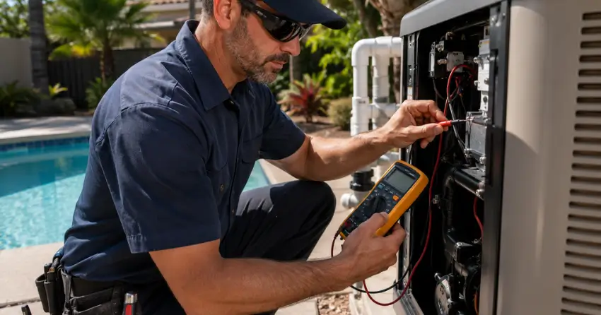 pool heater technician completing service check Edmonton