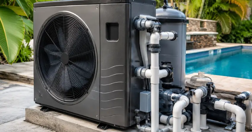 heat pump pool heater installation unit positioned beside pool equipment