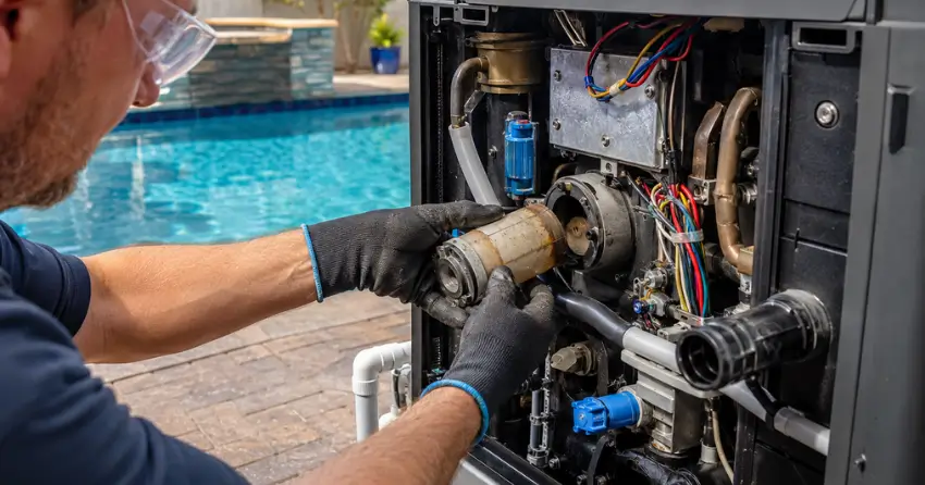 swimming pool heater repair Edmonton  technician replacing faulty component