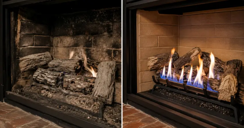 before and after Fireplace Fixing service on a residential gas fireplace