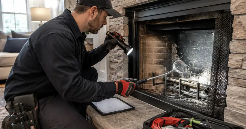 gas fireplace venting inspection close-up