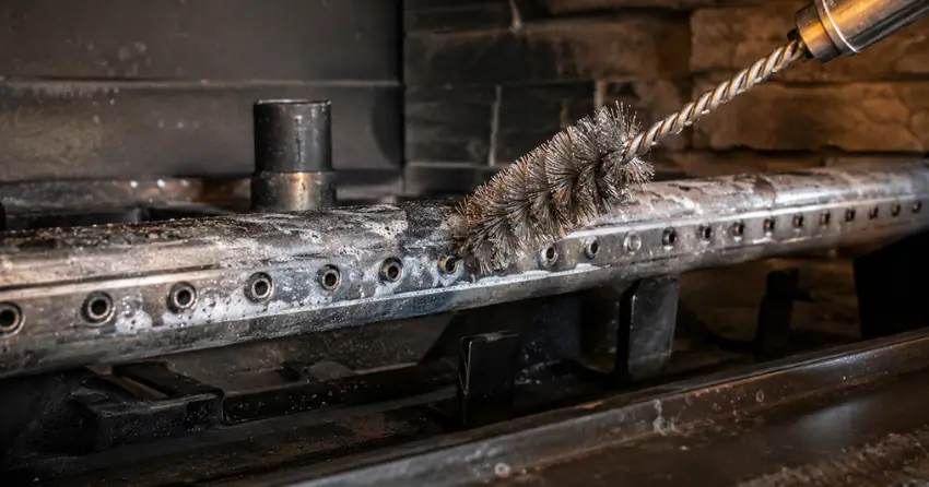 gas fireplace burner cleaning process close-up