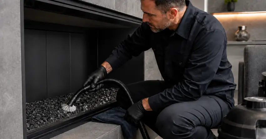 gas fireplace cleaning Ontario Gas Services technician at work