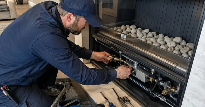 TSSA licensed gas fireplace technician at work in residential home Edmonton