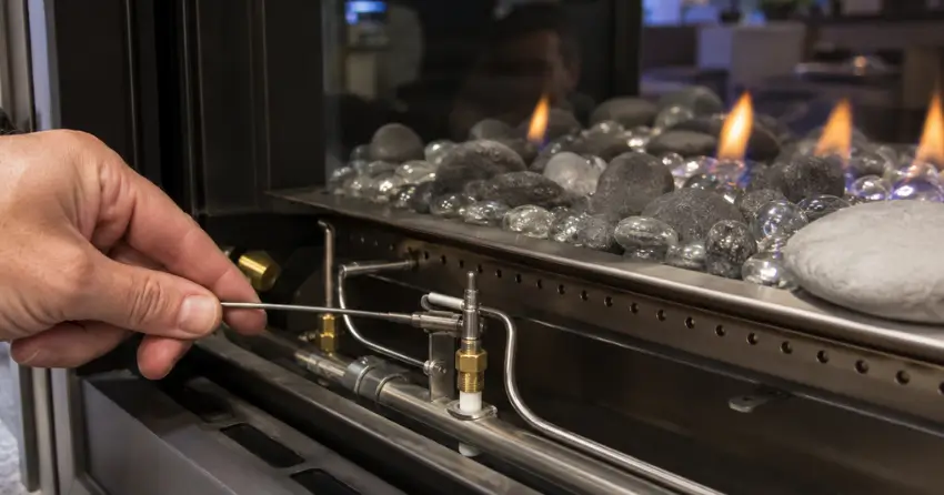 gas fireplace thermocouple and burner assembly close-up inspection
