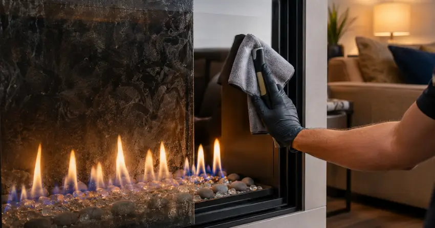 before and after gas fireplace glass cleaning service Edmonton