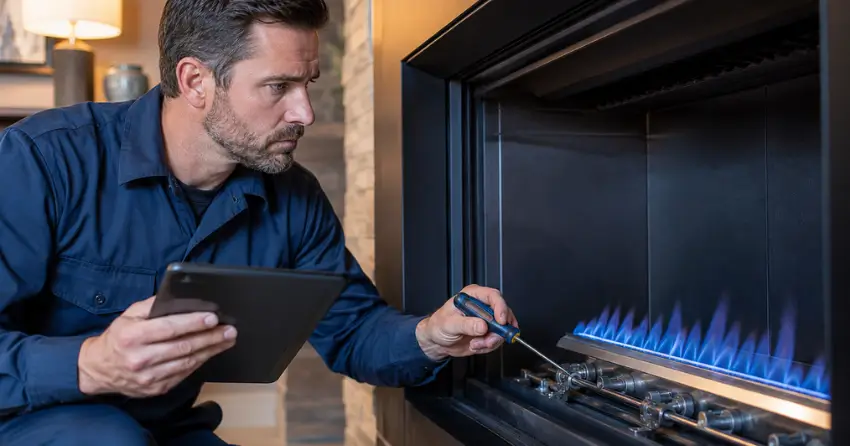 gas fireplace technician completing service visit Edmonton