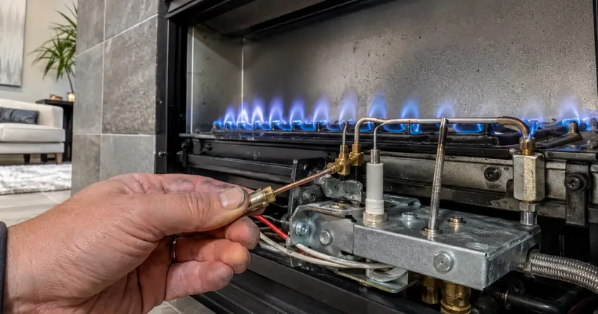 Gas fireplace pilot assembly and thermocouple during natural gas fireplace repair in Edmonton home