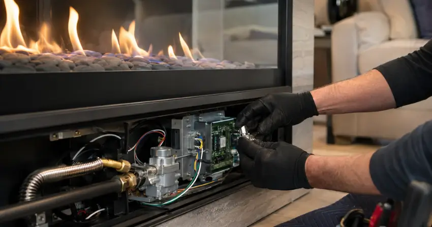 Gas valve and control board component inspection during natural gas fireplace repair service
