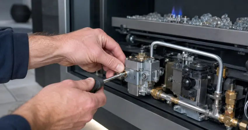Gas valve assembly inspection during natural gas fireplace repairs in Edmonton home