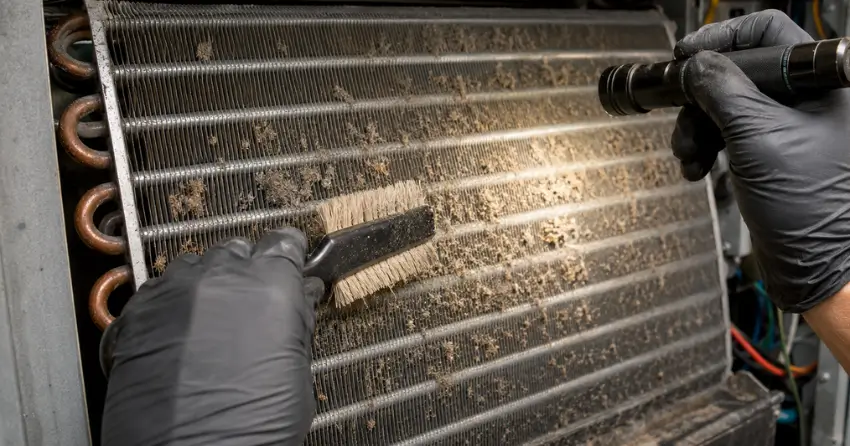AC maintenance coil cleaning and inspection close-up