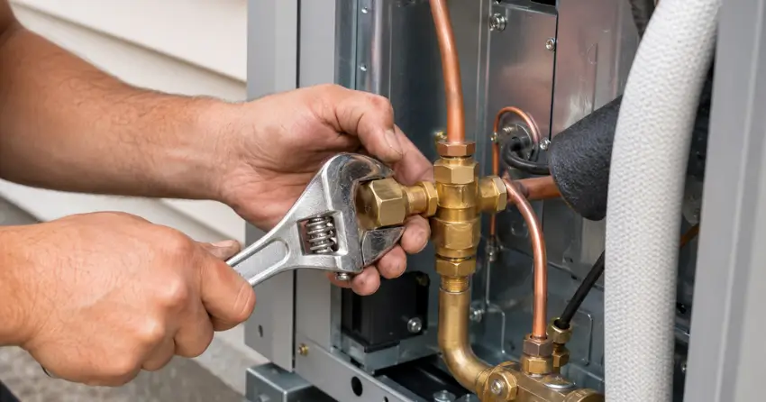AC installation refrigerant line connection process close-up