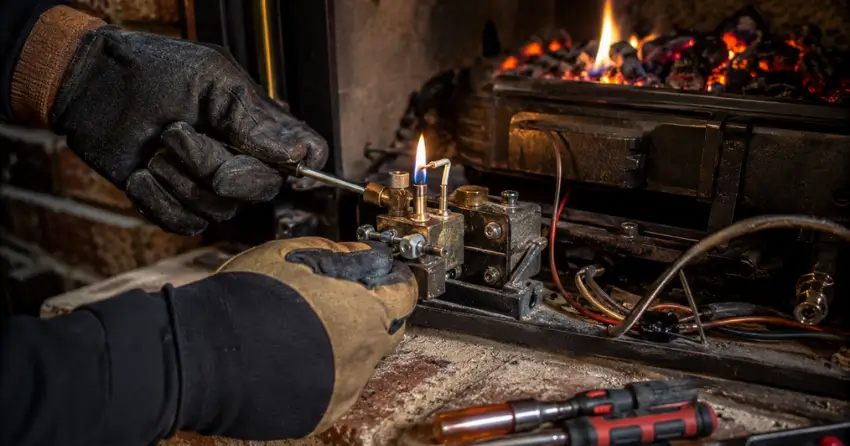 gas fireplace pilot assembly and thermocouple being serviced during emergency repair