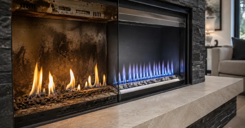 before and after Emergency Gas Fireplace Repair showing clean burning flame Edmonton