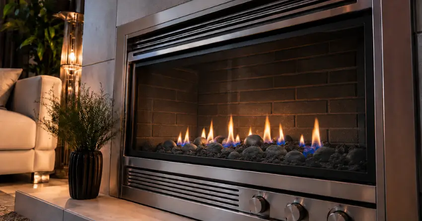 older gas fireplace maintained with annual tune up service