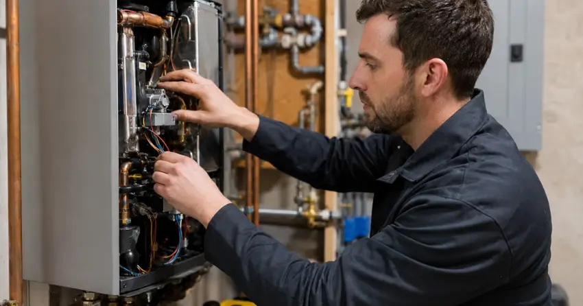 Ontario Gas Services technician repairing tankless hot water system Edmonton