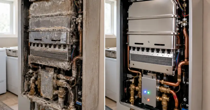 before and after tankless water maintenance service results comparison